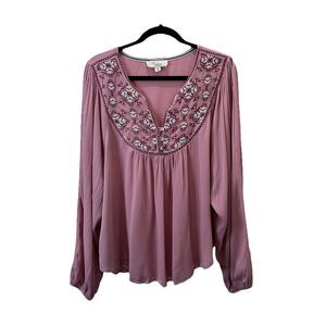 Nurture By Westbound Blouse Womens Size XL Peasant Boho Pink Embroidered Top